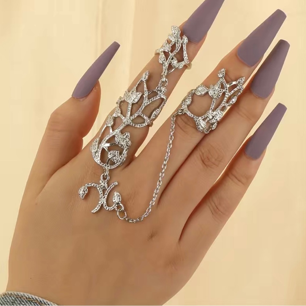 Multi Knock Charm Leaf Full Finger Ring